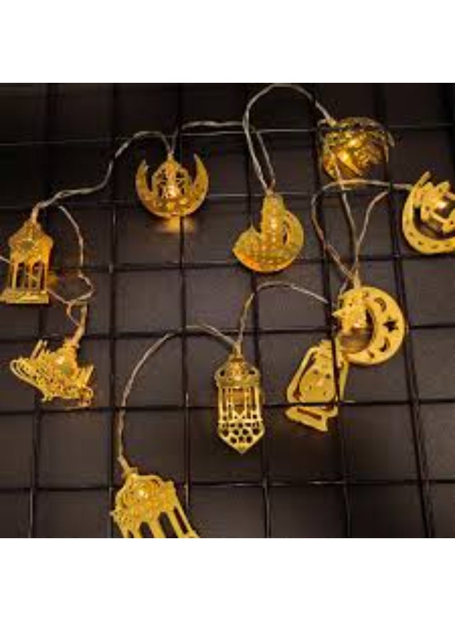 Ramadan Decoration - Metal Light String with 10 Pieces - Mosque, Crescent, and Lantern - Image 2